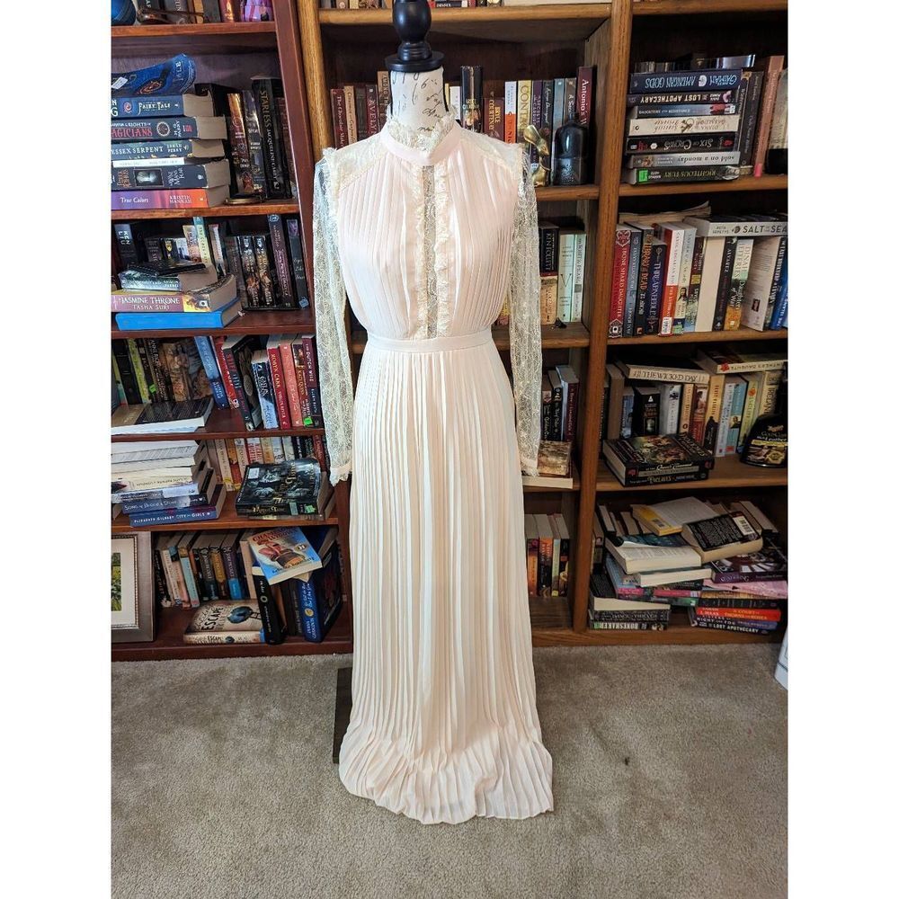 NASTY Gal Emmanuelle maxi dress blush pink pleated gown long sleeve lace collar